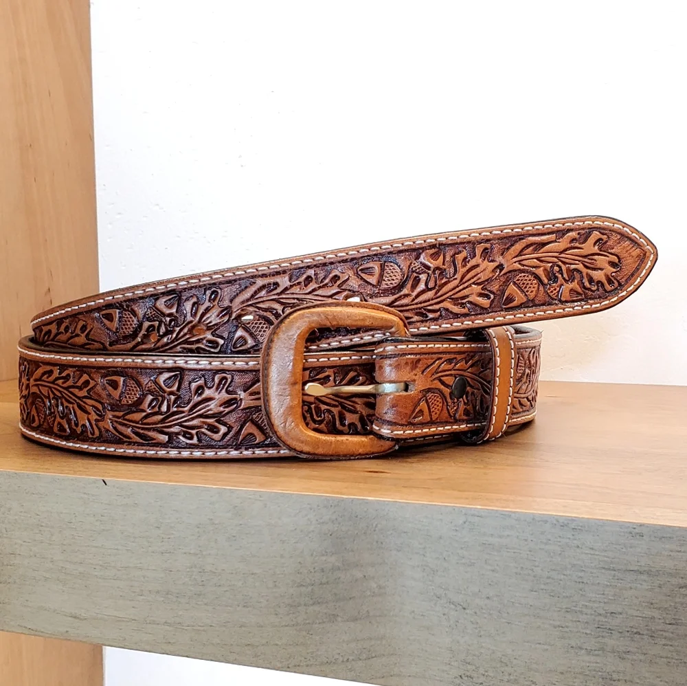 Vogt Russet Brown Hand Tooled Acorn/Leaf Leather Belt, 48